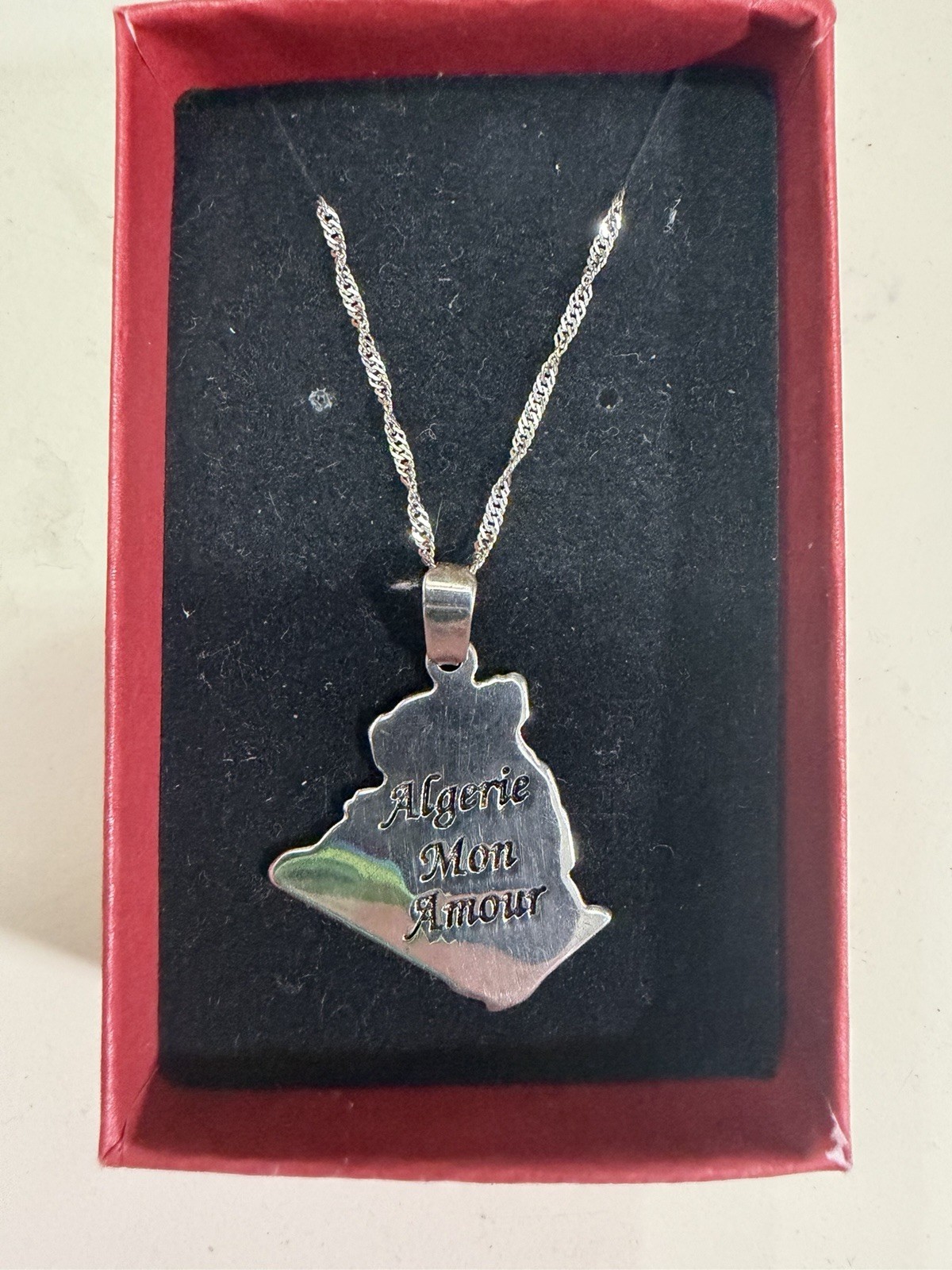 Silver Algeria Map Charm Pendant Necklace Engraved “Algerie Mon Amour”