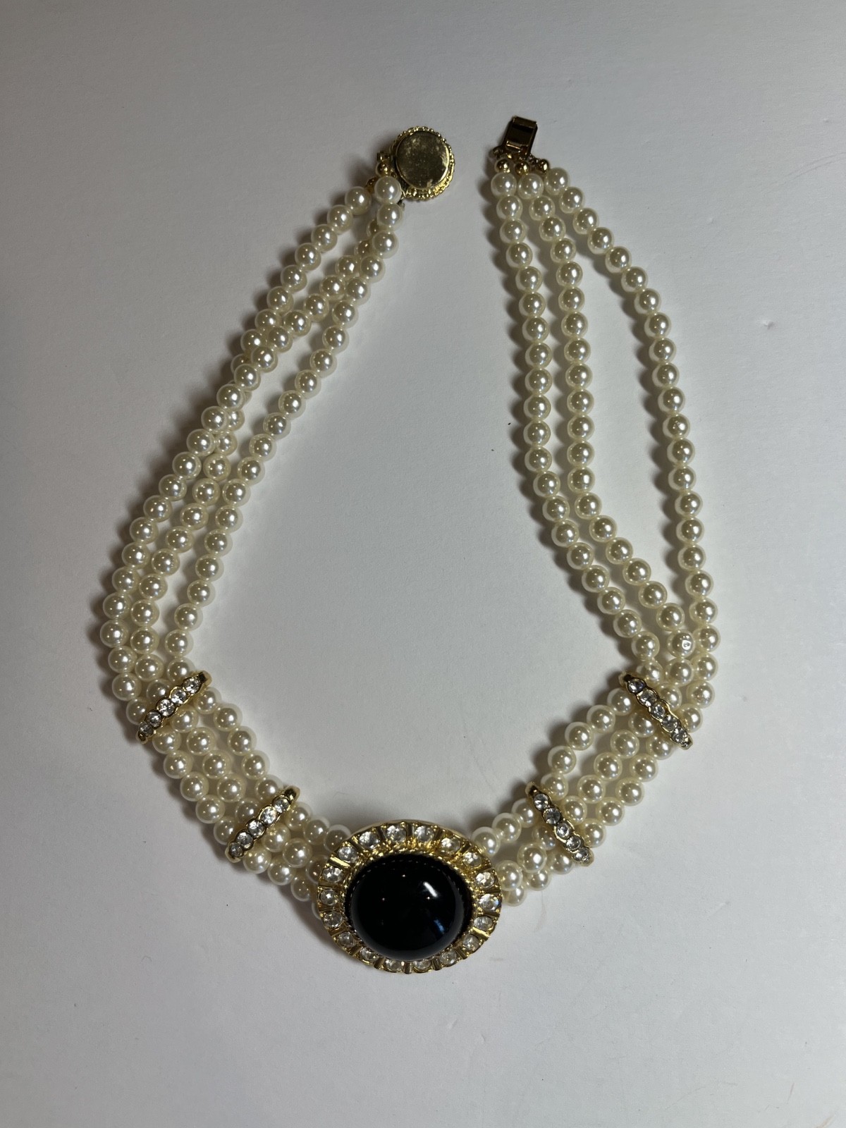 Vintage triple strand faux pearl necklace black cabochon rhinestone statement