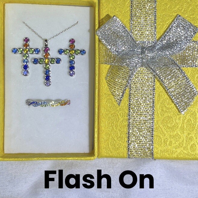 DEAL! FINE 925SS Multicolor Gemstone Cross Necklace, Earrings, & Ring Size 8 Set