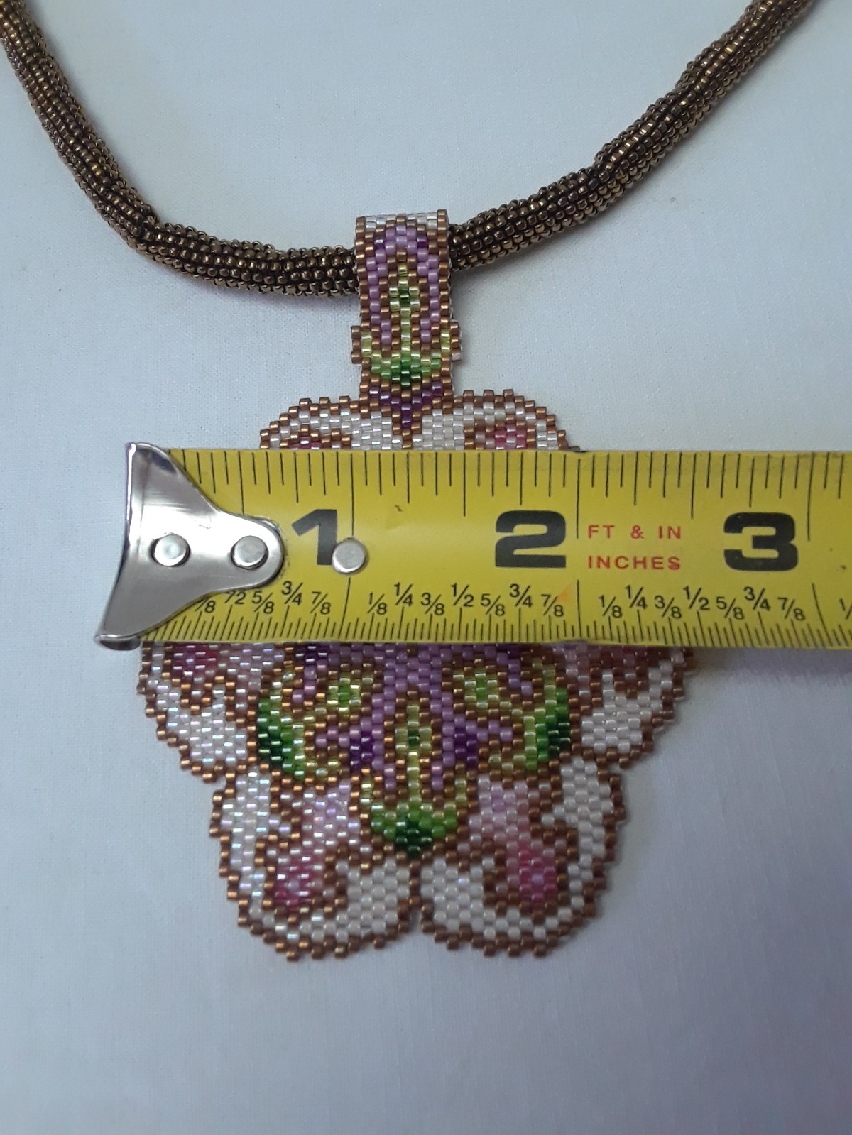 Hand Beaded Artist Design Multi Colored 3″ Pendant 24 inch Gold Beaded Chain