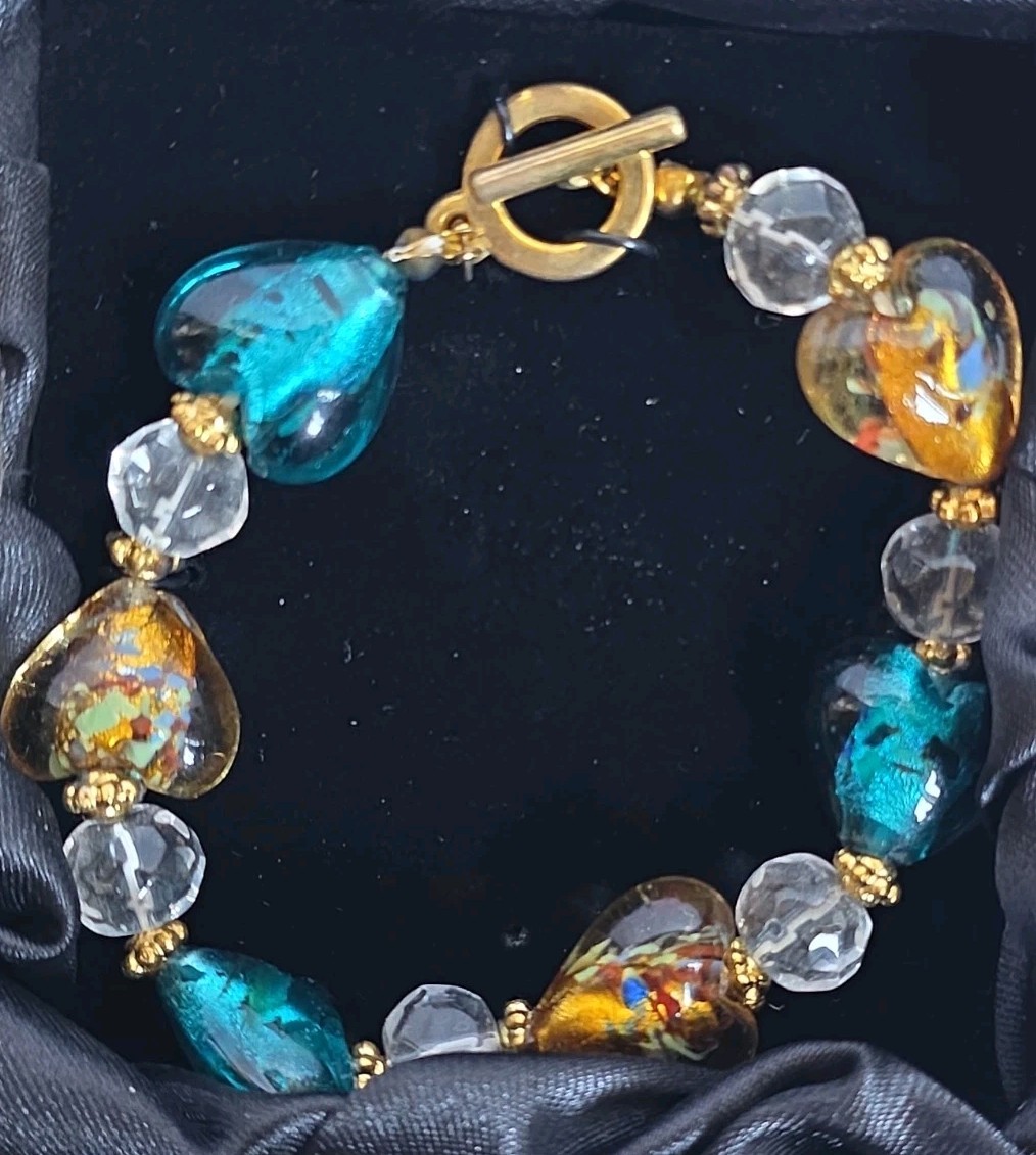 The Artisan Collection Art Glass statement bracelet-Blue & Green, Gold.