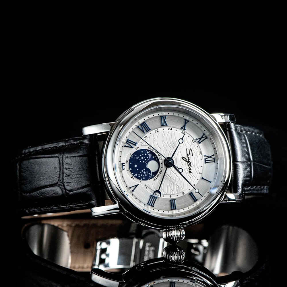 Sugess Moonphase Mechanical Steel Leather Black White Sapphire Men’s Watch