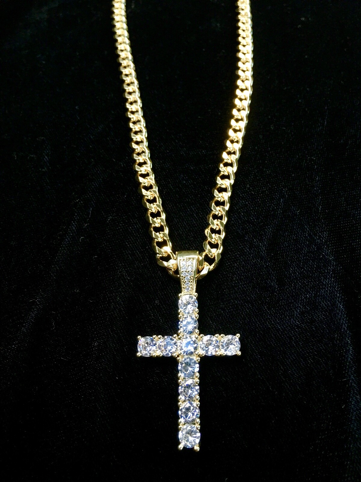 Cross Pendant Tennis Solid 18K Gold f Lab Diamond Cuban Link Necklace Chain Rope