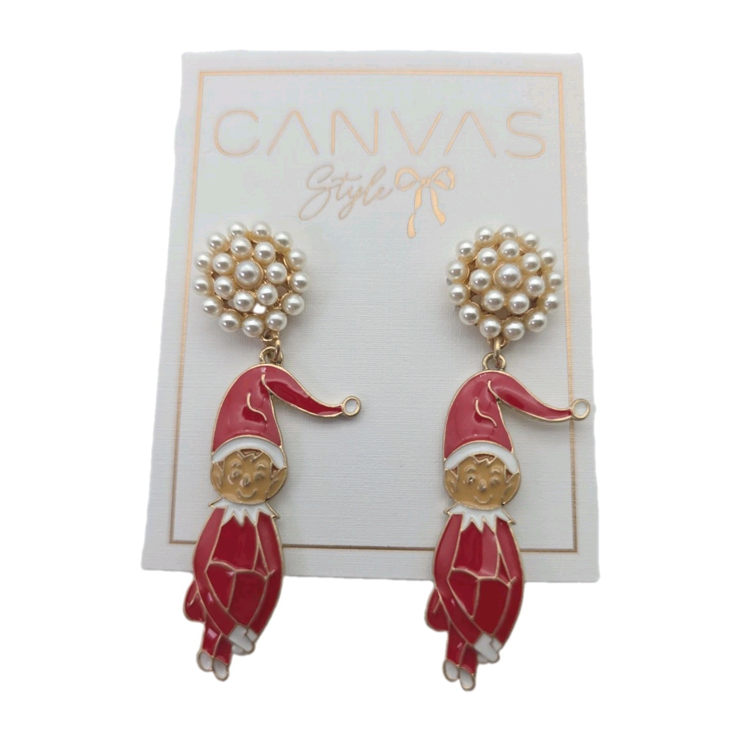 Canvas Style Jewelry Christmas Santa Elf Dangle Enamel Gold Plated Earrings