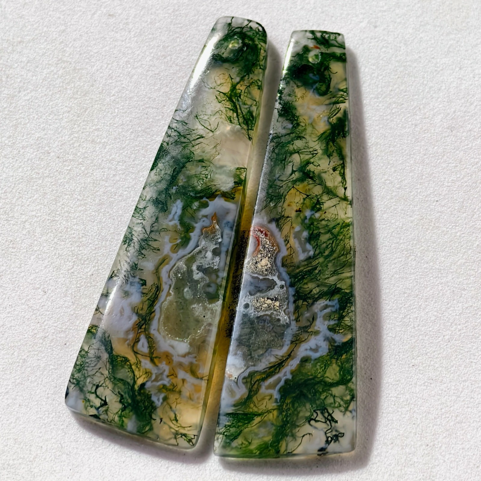 44 Cts Natural Moss Agate Drilled Match Pair Cabochon Gemstone 49.2 X 15.2 MM