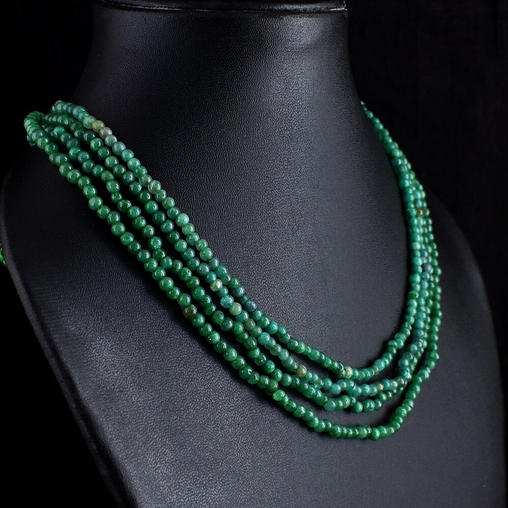 4 Strand Round Shape Green Emerald 218.00 Cts Necklace Beads Jewelery VK 35 E678