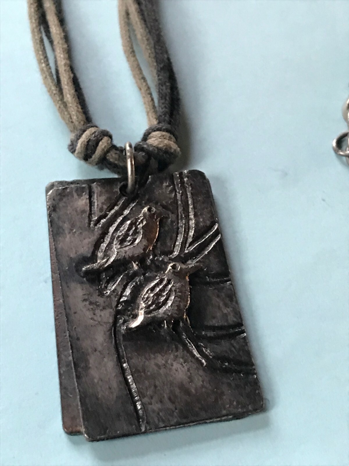 Olive Green & Black Multistrand Cord w Oxidized Silvertone Birds w Saying Rectan