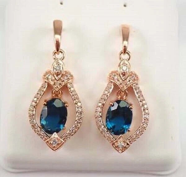 2.80Ct Oval Cut Lab Created London Blue Topaz Drop/Dangle 14K Rose Gold Plated