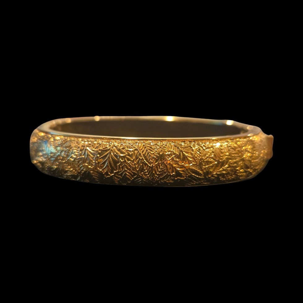 Gold Tone Textured Hinged Cuff Bangle Bracelet, Round Shape Metal, No Stone
