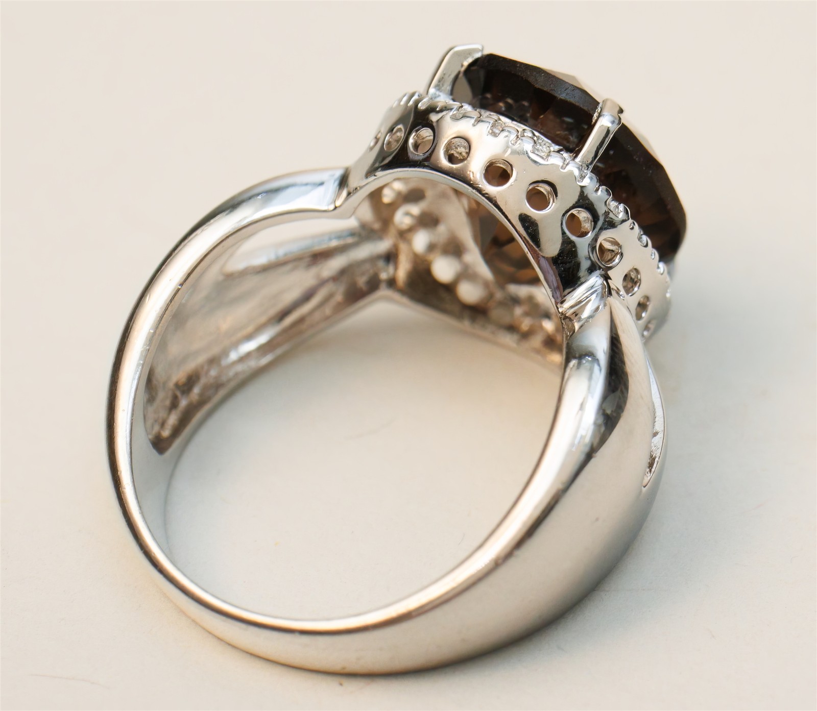 Size 8.75 Brown Smoky Quartz Cocktail CZ Halo Sterling Silver Ring