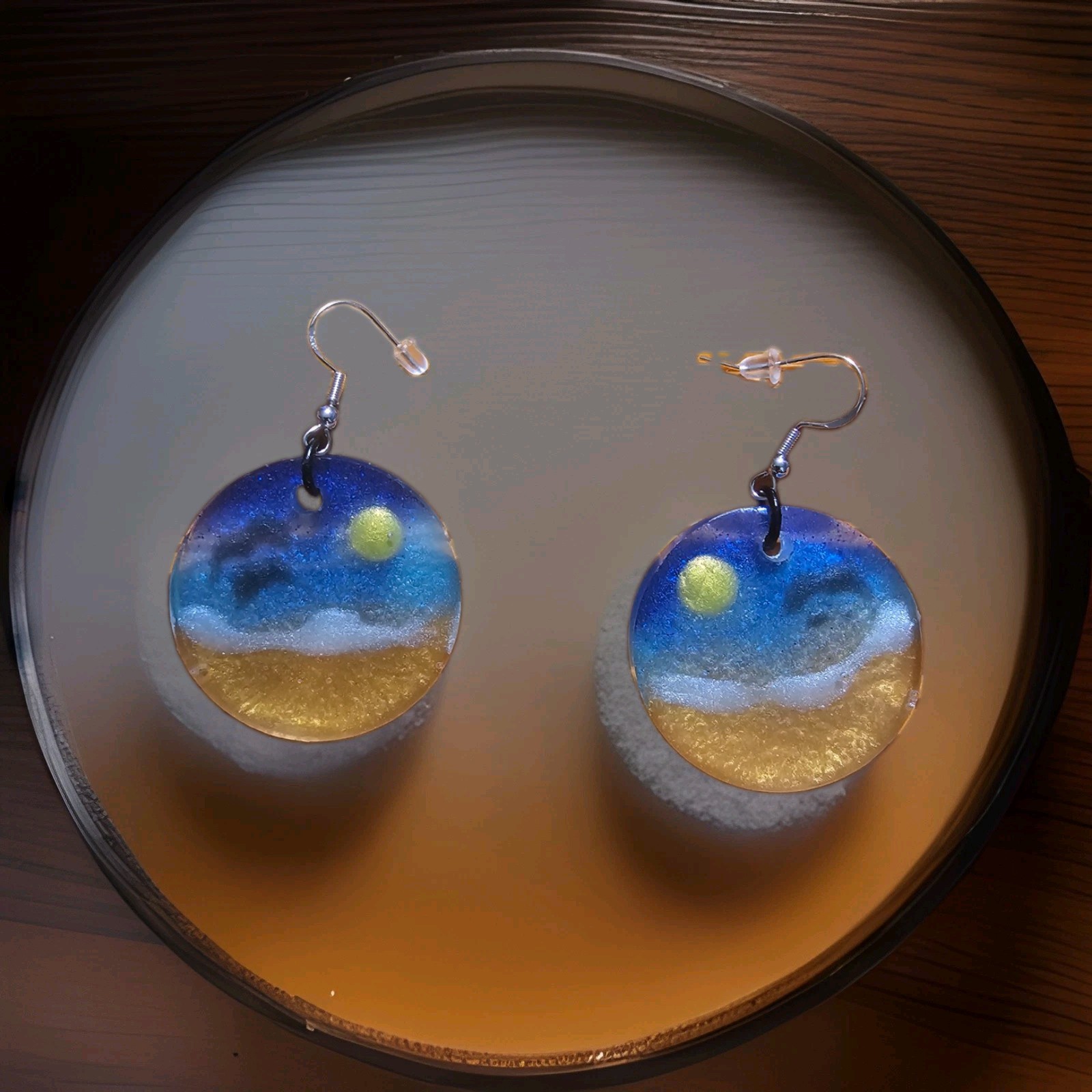 Round Blue Gold Multicolor Resin Beach Sunset Sterling Silver Hook Earrings.
