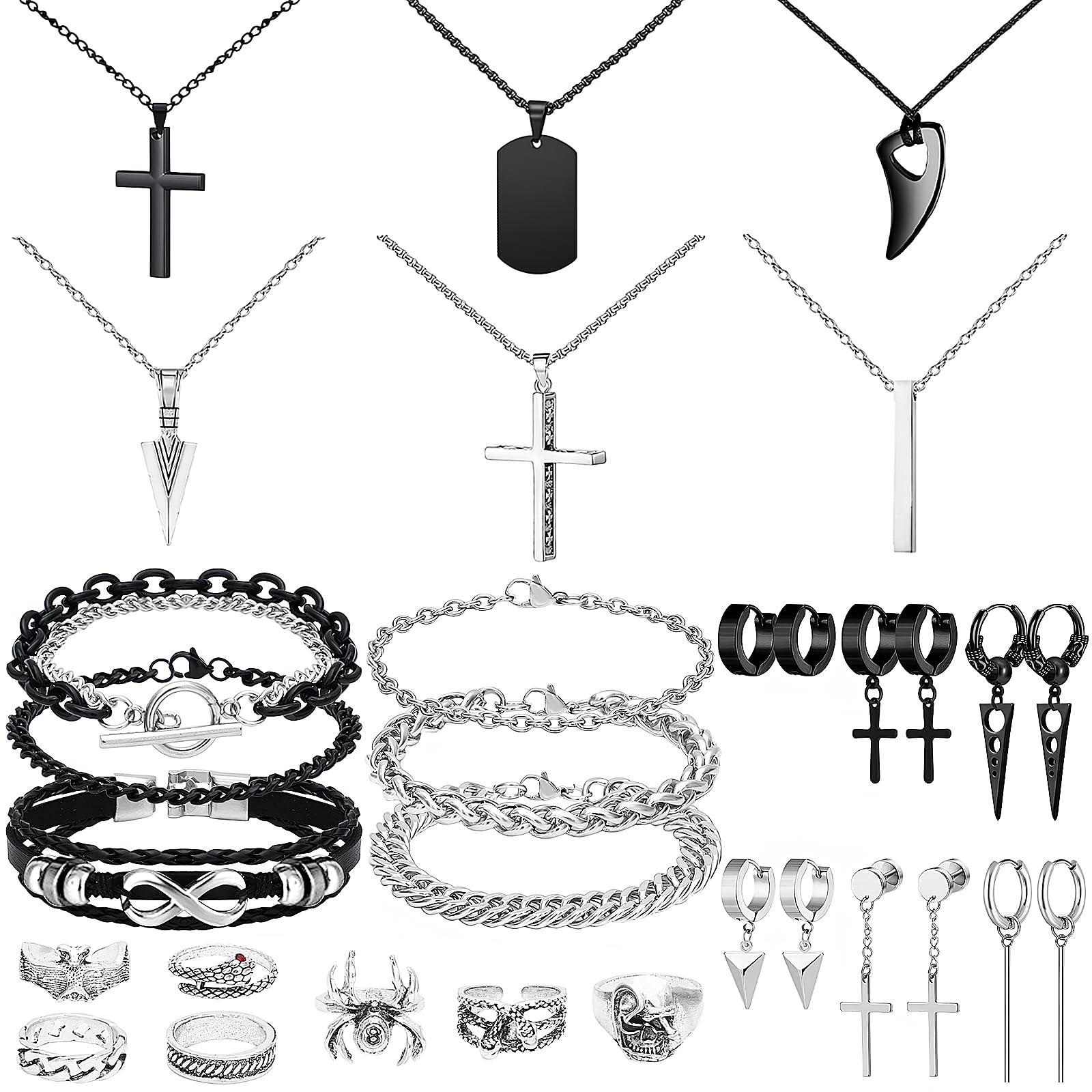 NEWITIN 31 Pieces Stainless Steel Adjustable, Black Silver Jewelry Set