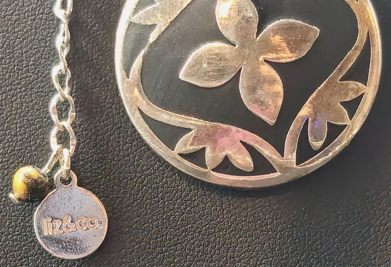 Silver Floral Pendant Necklace Black Enamel Adjustable Leather Cord By Liz & Co.