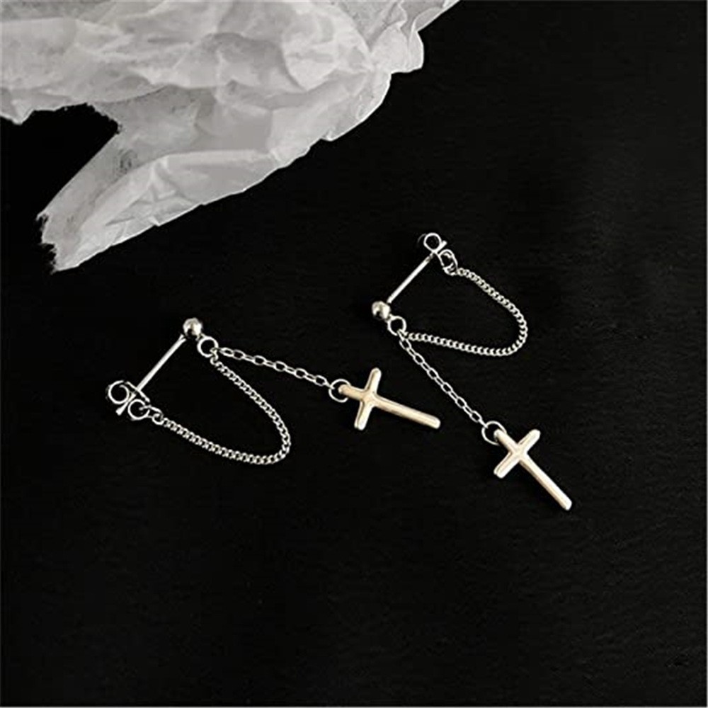 Women 925 Sterling silver Cross Drop Dangle Hanging Chain Stud Earrings Gift D26