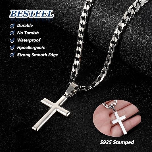 925 Sterling Silver Cross Necklace Men – Beveled Edge Cross Pendant with 5Mm 316