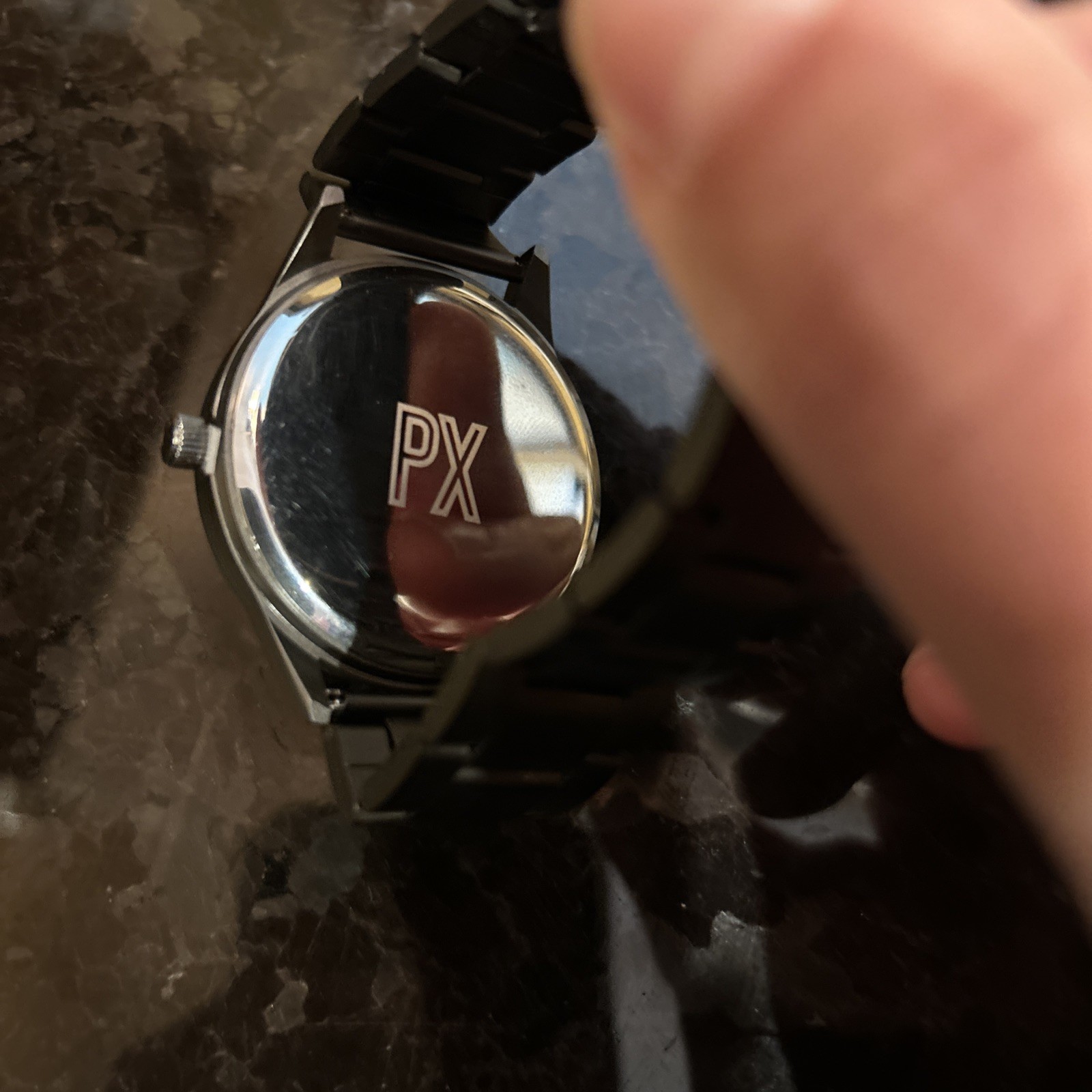 NEW PX Men’s Brushed Stainless Steel Bracelet Link Black Dial Watch