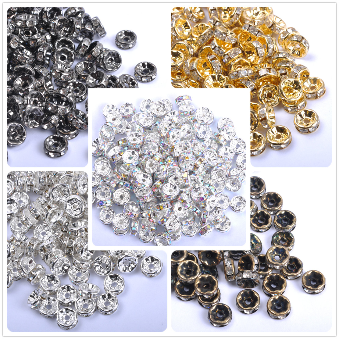 100Pcs Czech Crystal Rhinestone Silver Rondelle Spacer Bead 4MM 5MM 6MM 8MM 10MM