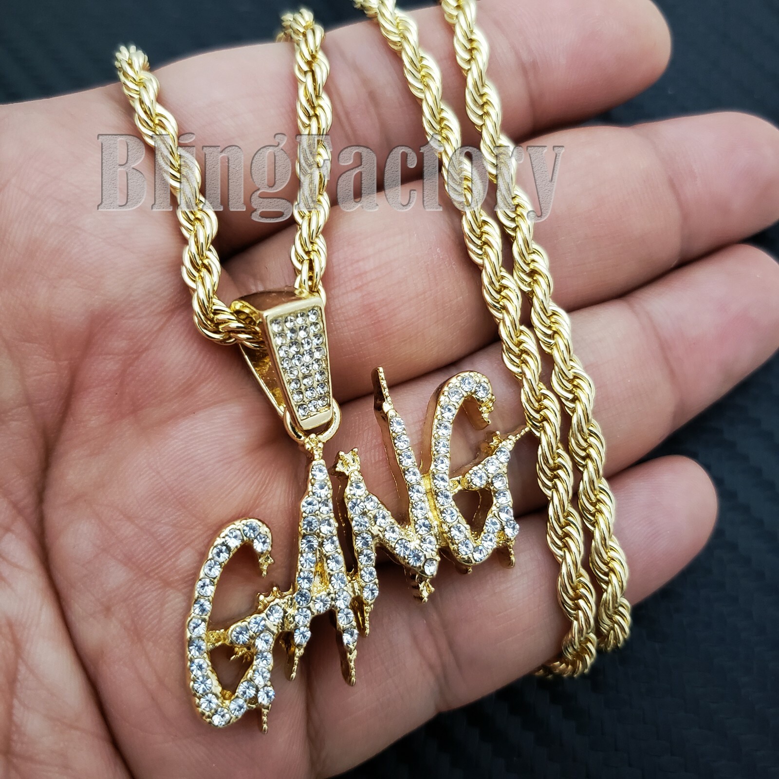Iced Gold Plated Alloy Cubic Zirconia GANG DRIP Pendant 24″ Rope Chain Necklace