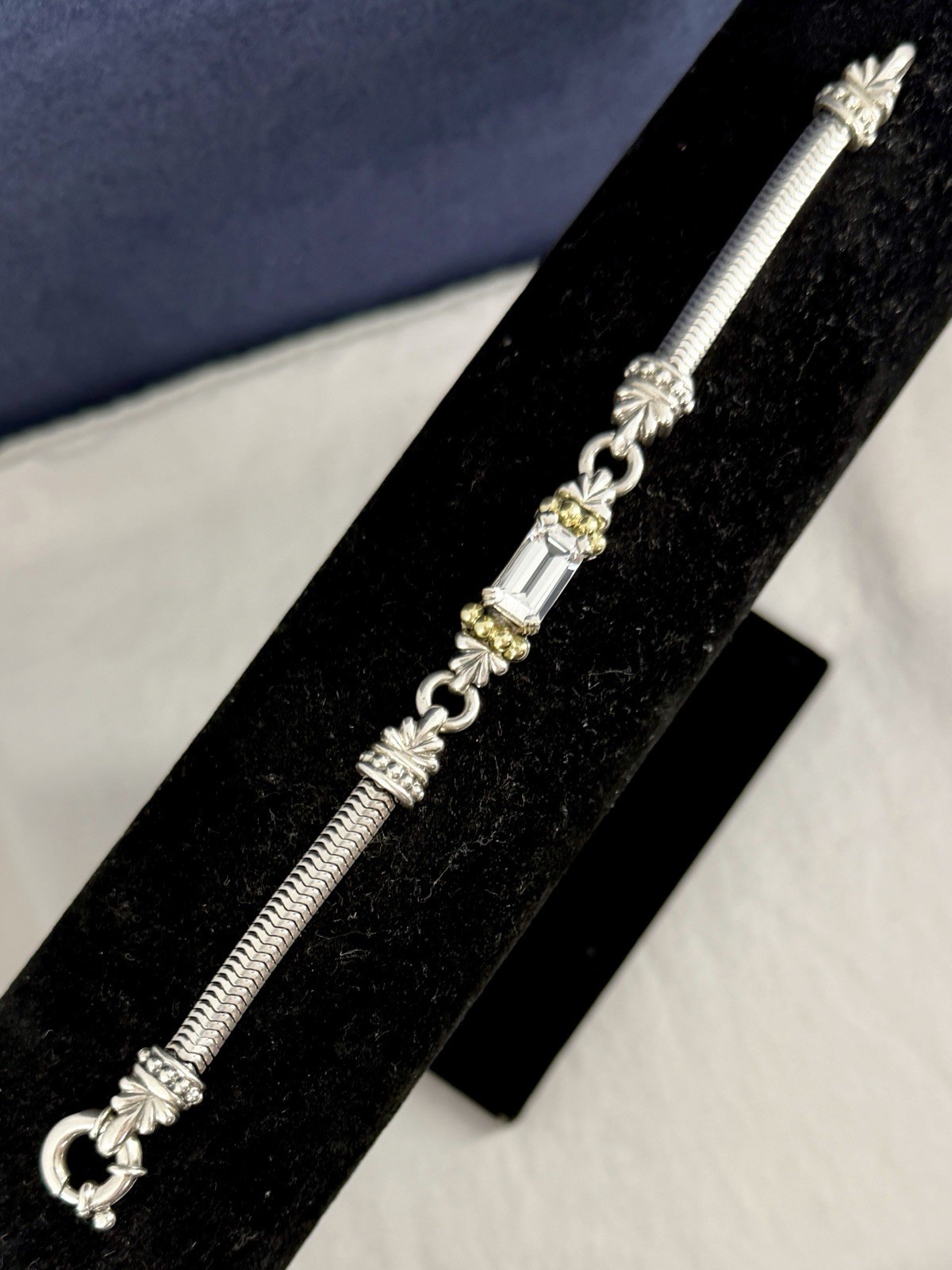 LAGOS CAVIAR Sterling Silver 18K Yellow Gold Faceted White Topaz 6.75” Bracelet