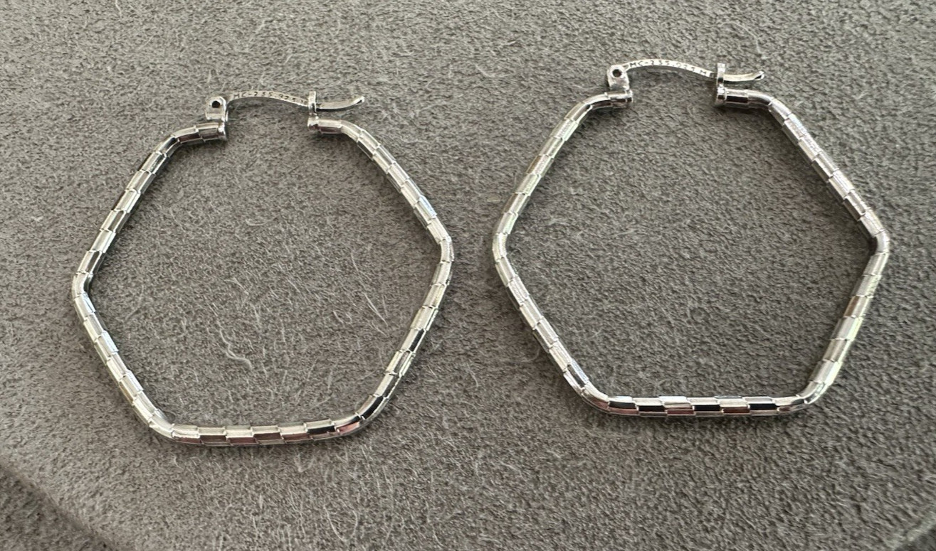 Sterling Silver Pinched Pentagon Hoop Earrings Mexico 1.5″