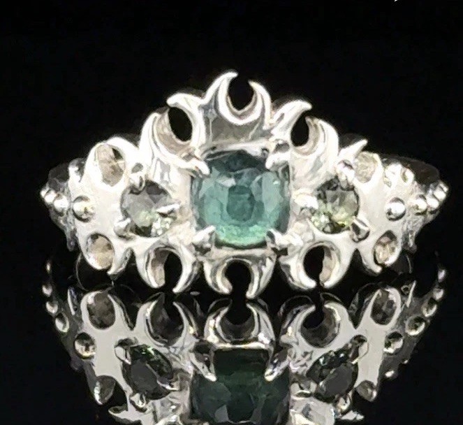 Handmade Unique Blue Green Tourmaline Sterling Silver Crown Ring
