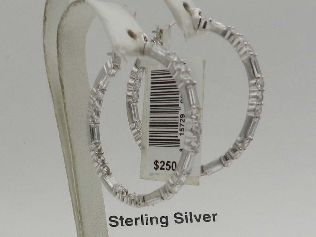 Macy’s Tiara Cubic Zirconia Baguette Large Medium Hoop Earrings Sterling Silver