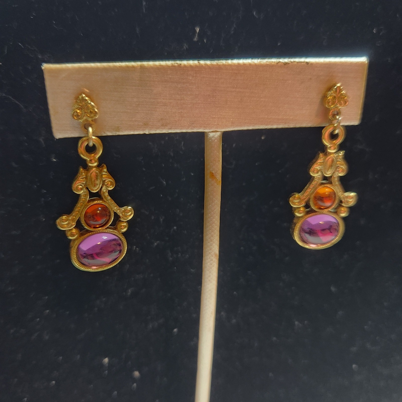 Vintage Victorian Style Gold Tone Purple Amber Cabochon Drop stud Earrings 1928