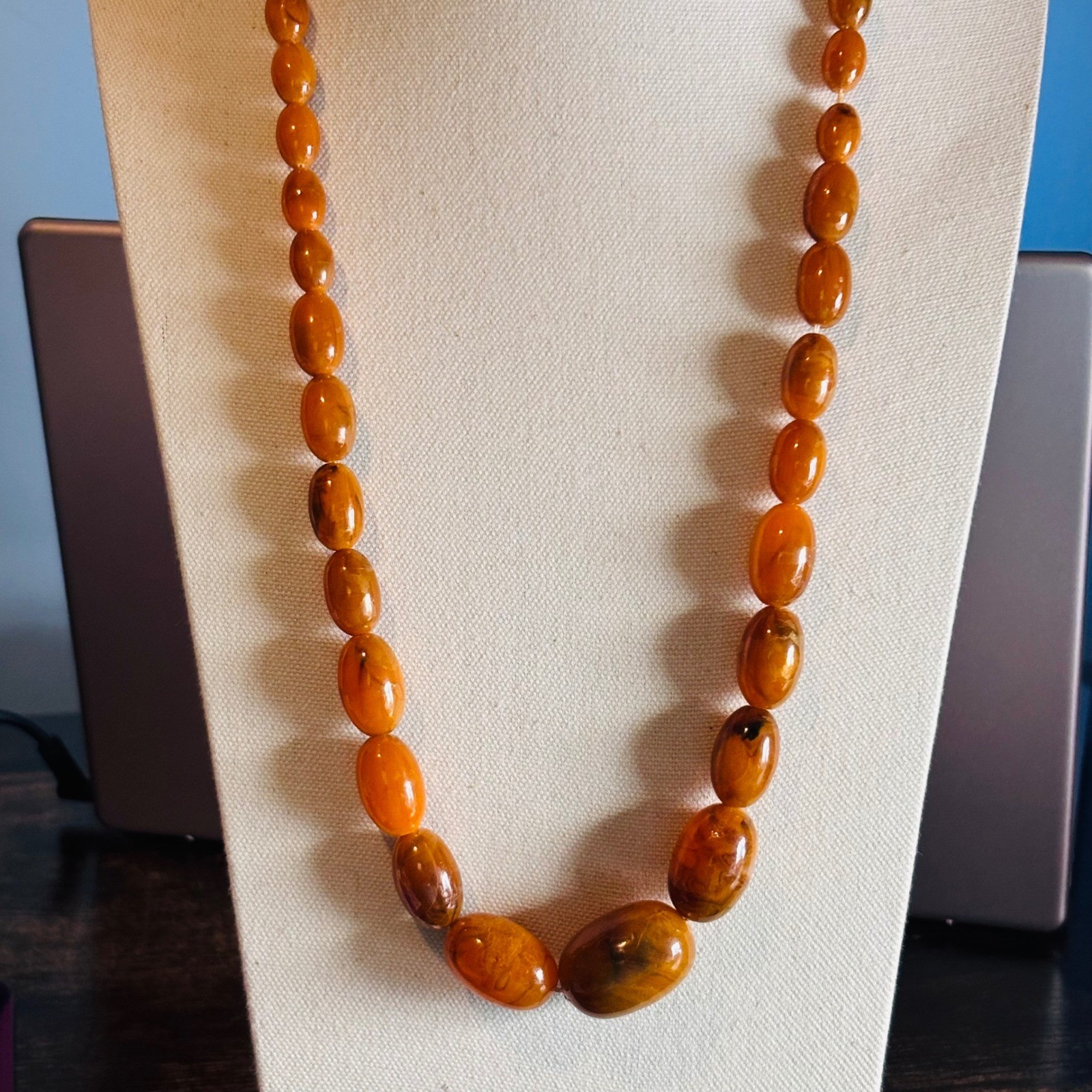 Vintage Faux Amber Graduated Bead Necklace Honey Cognac Marbled Statement 24 In
