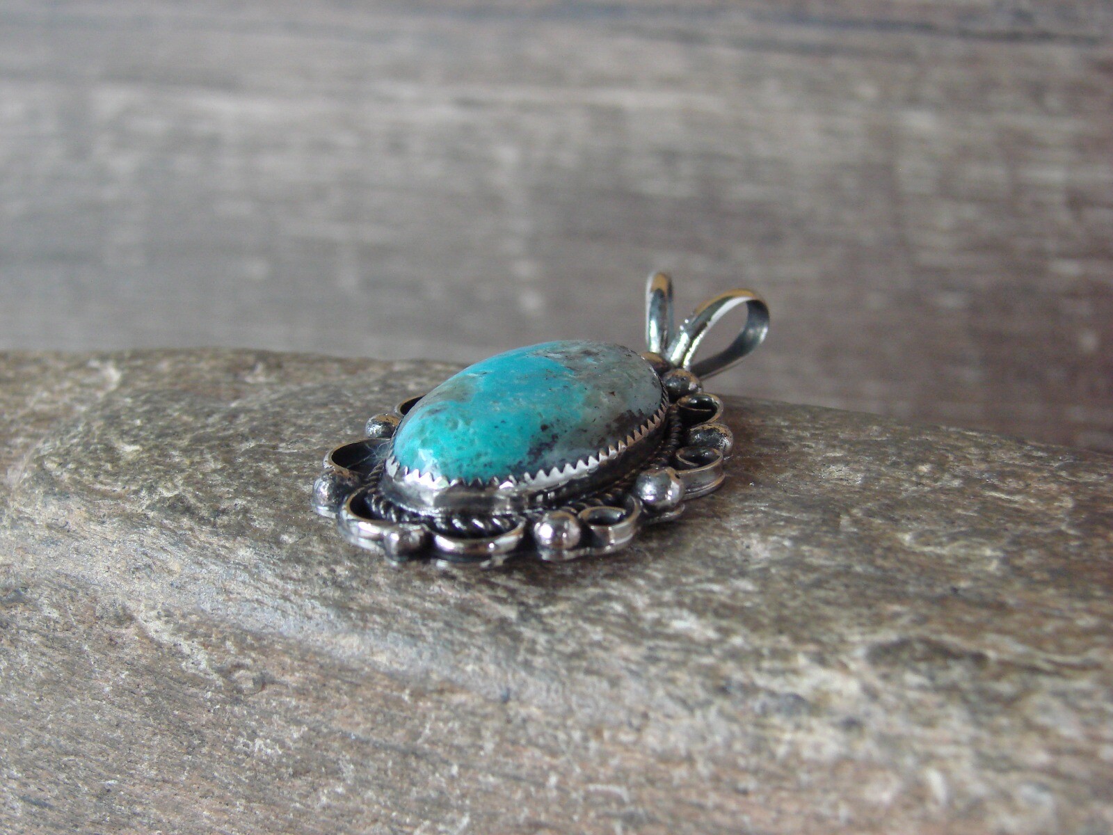 Navajo Indian Nickel Silver Turquoise Pendant Signed Jackie Cleveland