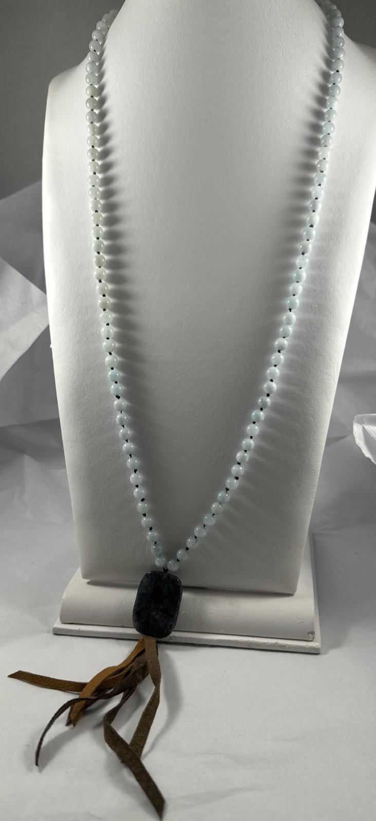 Silver Shimmer Larvikite Pendant ~ Hand Knotted Snowy Jade Beads 26″ Necklace