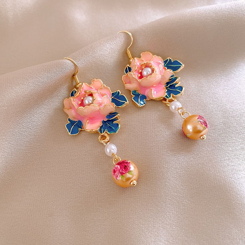 New Chinese Enamel Painted Flower Pearl Tassel Earrings