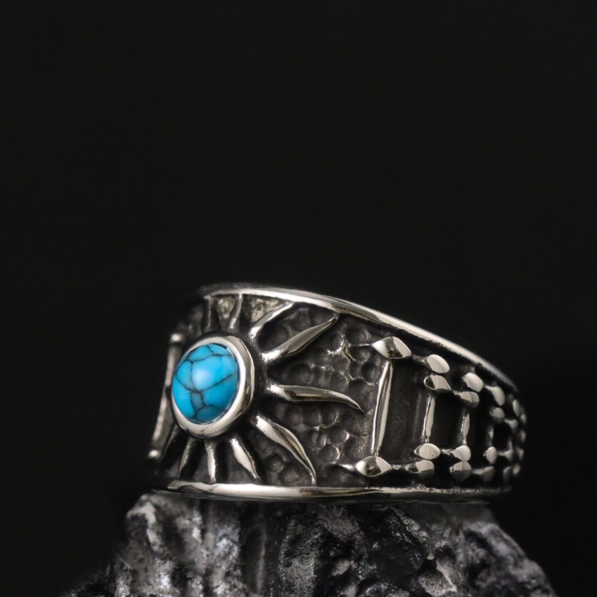 MENDEL Mens Sun Turquoise Biker Band Ring Stainless Steel Size 7 8 9 10 11 12-15