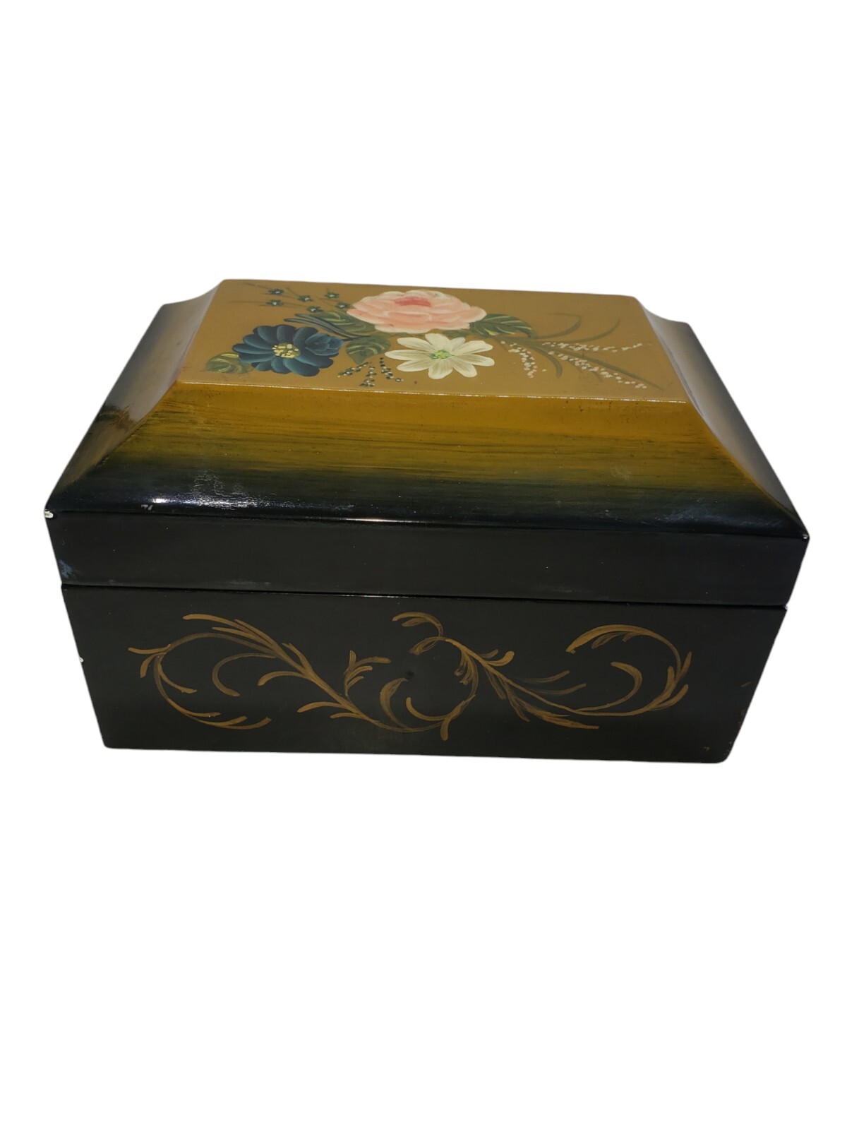 Vintage Hand Painted Wooden Jewelry Keepsake Box Floral Folk Art Black