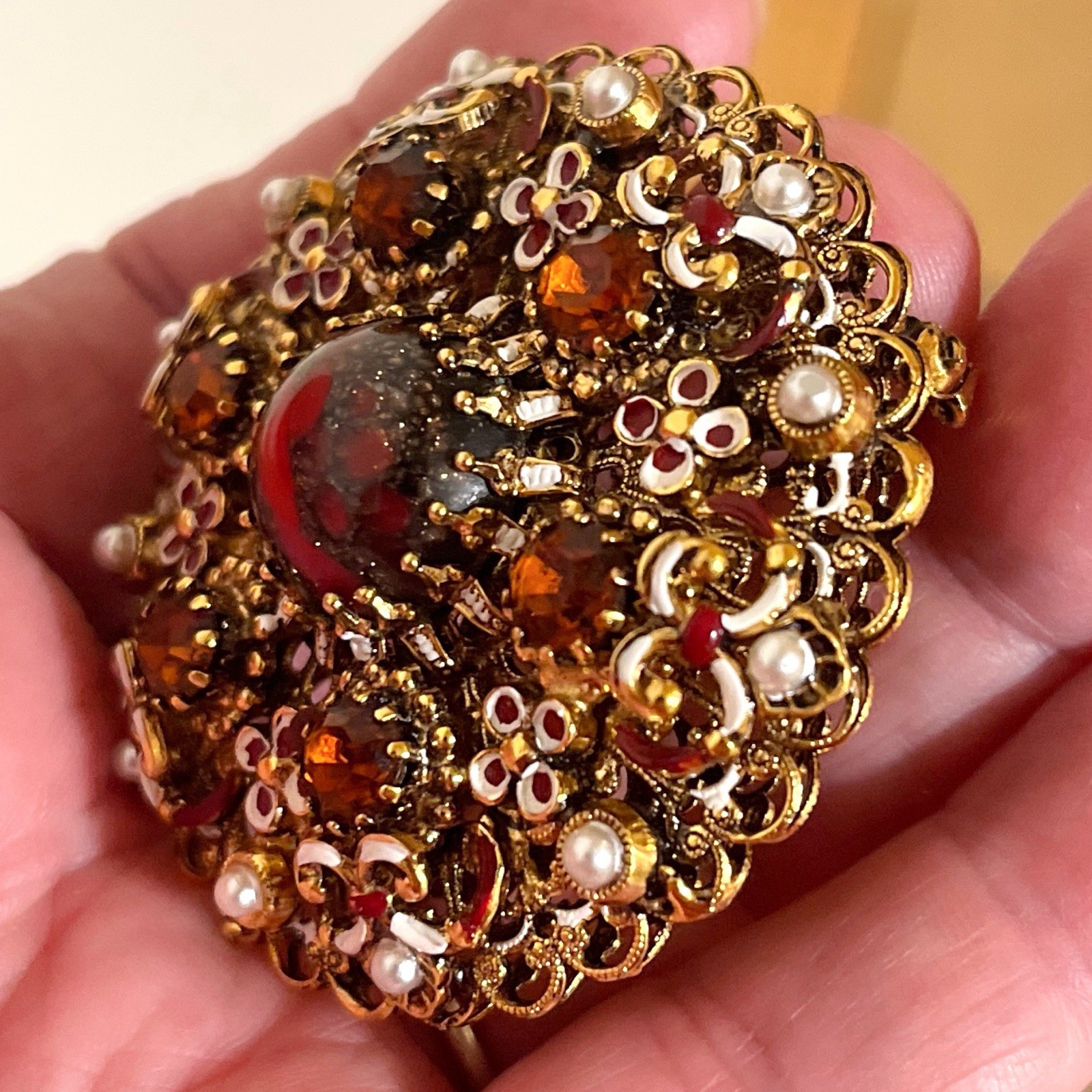 Vintage Brooch Signed Made in Austria Rhinestone Filigree Enameled 1960s