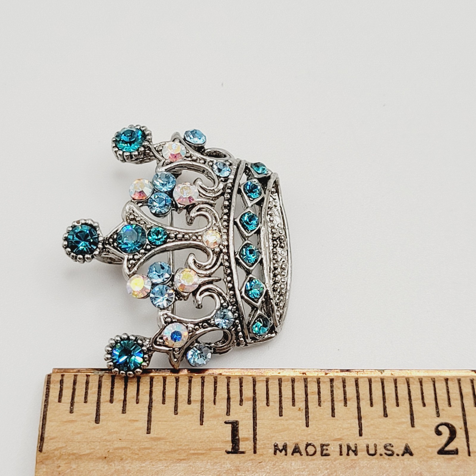 Regal Royal Queen Crown with Light Blue Rhinestone Silver Tone Pendant Brooch