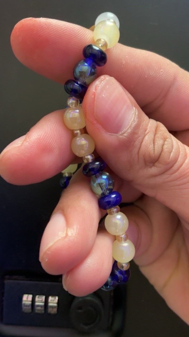 Handmade Blue/White/Brown Glass & Wood Beaded Bracelet, 8mm/2mm Unisex #041