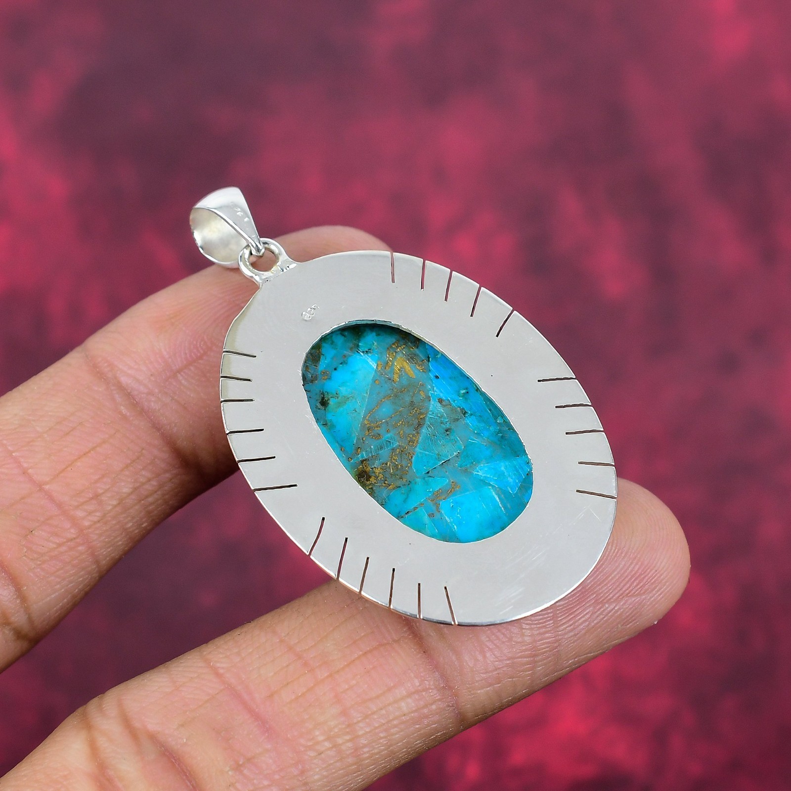 Blue Irani Turquoise Gemstone Handmade 925 Sterling Silver Pendant Jewelry