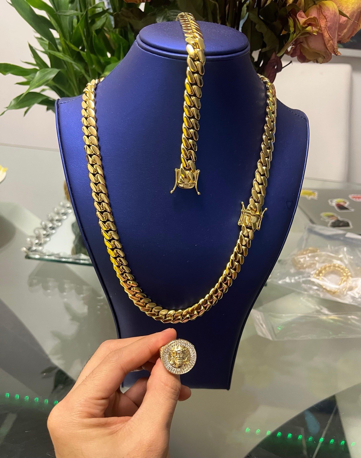 12mm Cuban Gold Bonded Set Chain And Bracelet +FREE RING