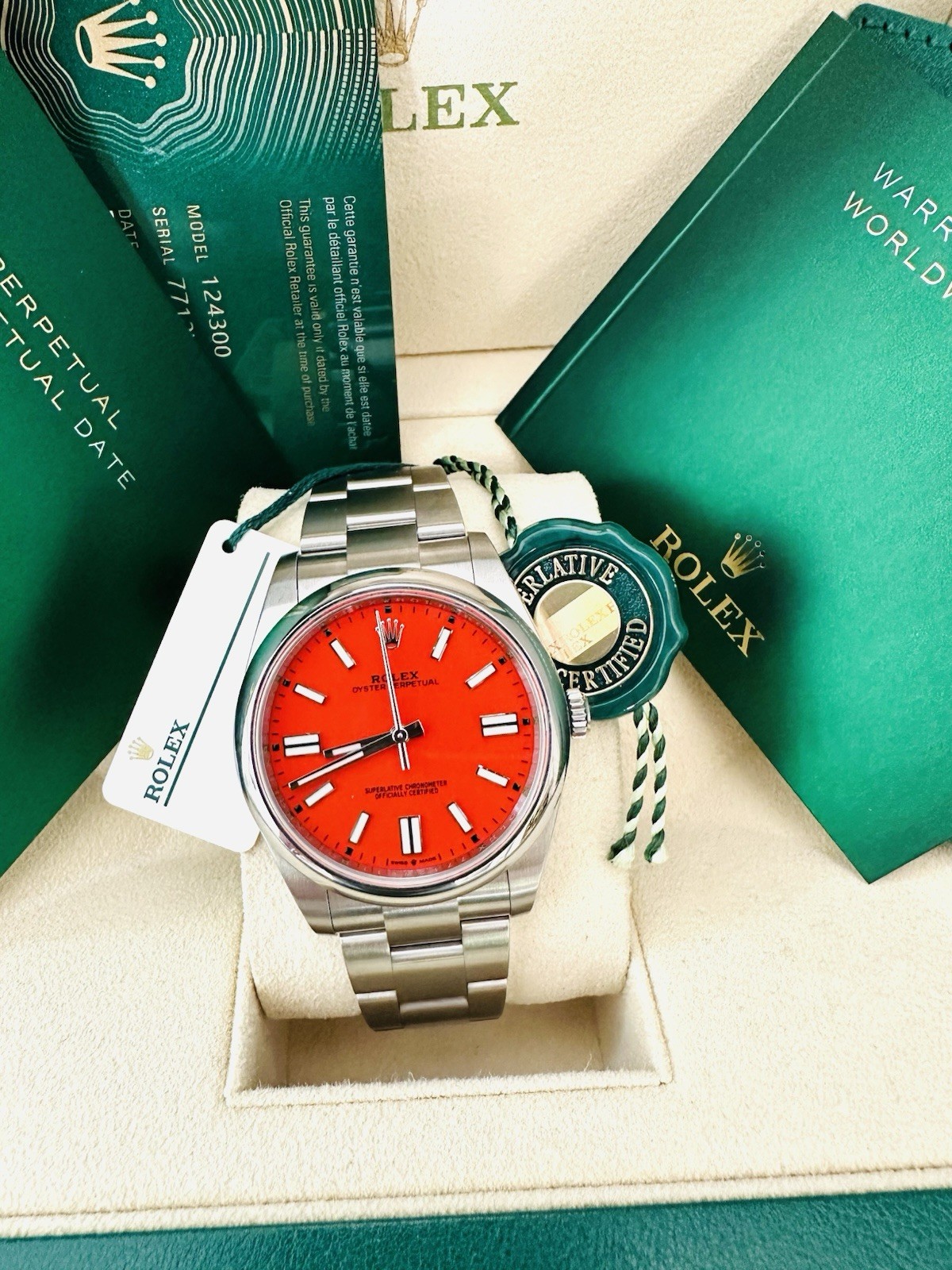 Men’s Rolex Oyster Perpetua1 41mm Ref 124300 Factory Coral Red Dial ~Box & Paper