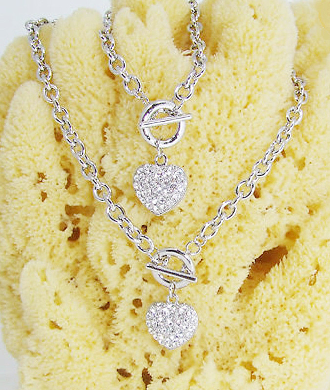 DESIGNER INSPIRED 16 in CLEAR CRYSTAL PUFFED HEART TOGGLE SILVER JEWELRY SET NEW