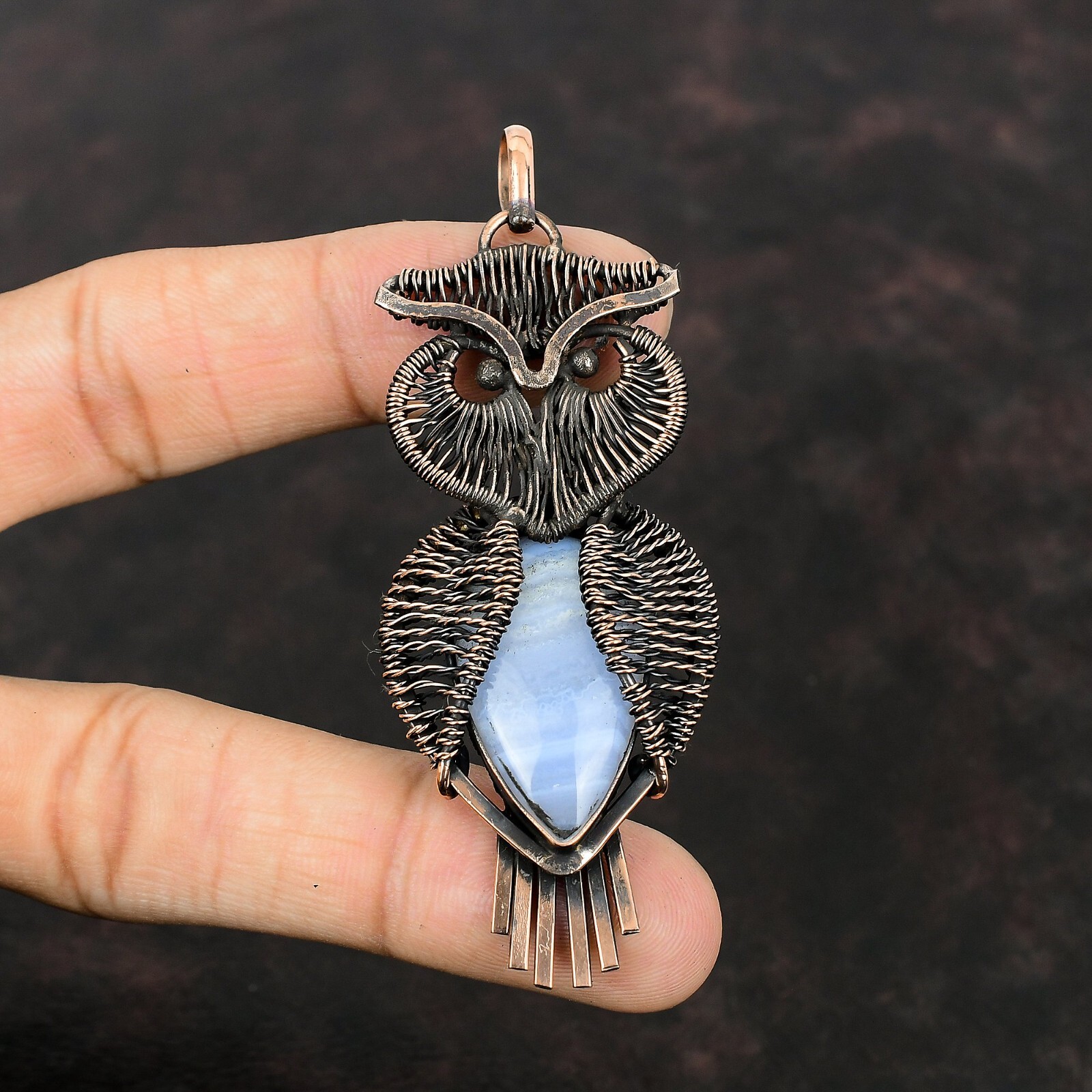 Blue Lace Agate Wire Wrapped Owl Pendant Handcrafted Copper Unique Jewelry 3.35″