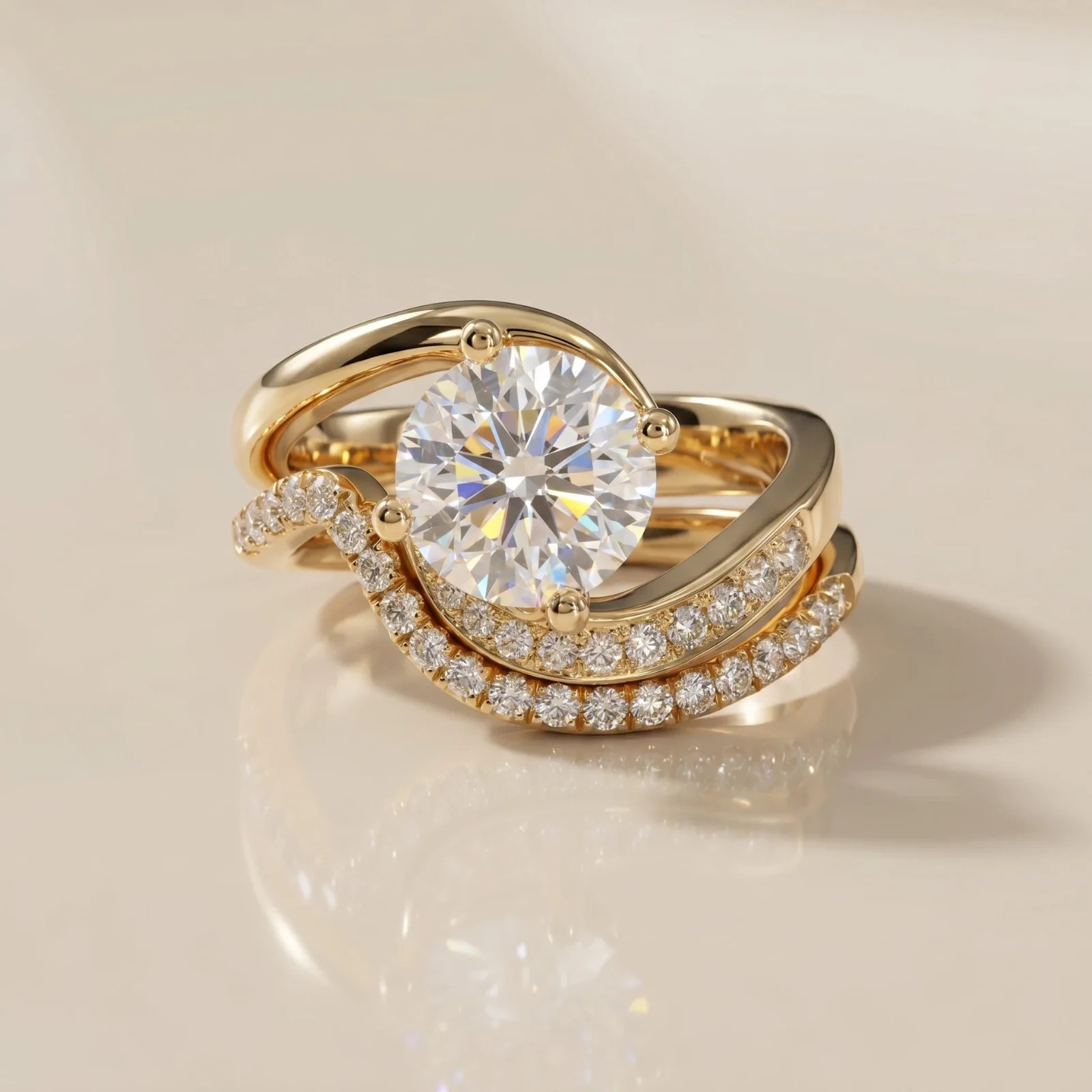 2.30 Ct Round Cut EF/VS1 Lab Grown Diamond Engagement Ring Set 14K Yellow Gold