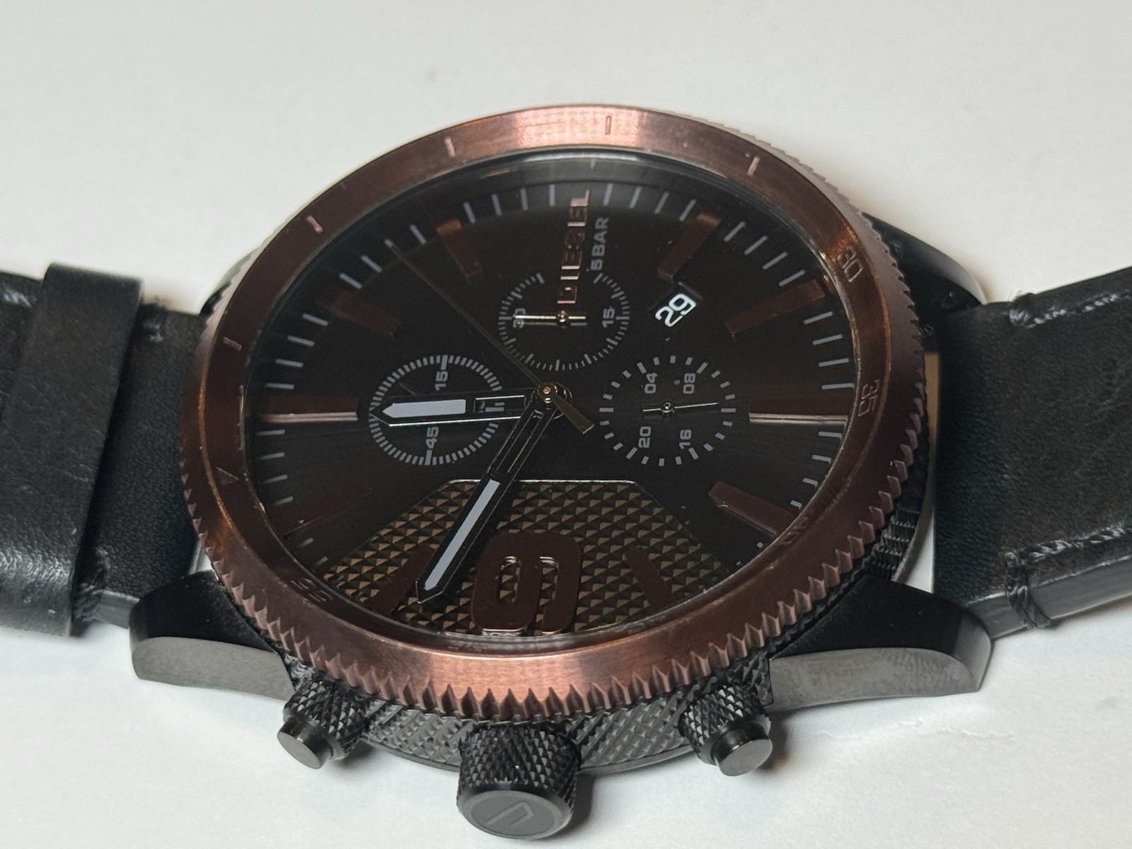 Diesel Brave Men’s Watch Quartz Analog Date Black Dial Leather Strap 51mm 5 ATM