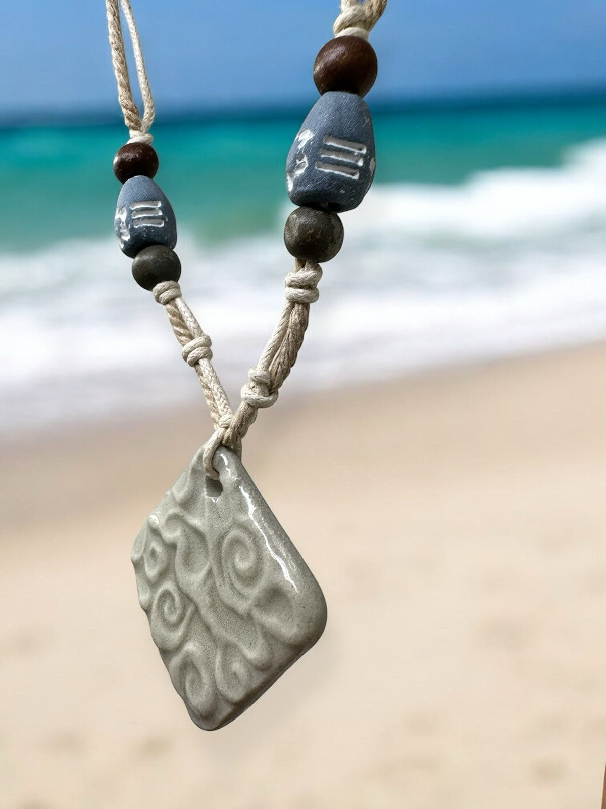 Bohemian Coastal Handmade Necklace | Sand Beige Spiral Pendant | Beach-Inspired