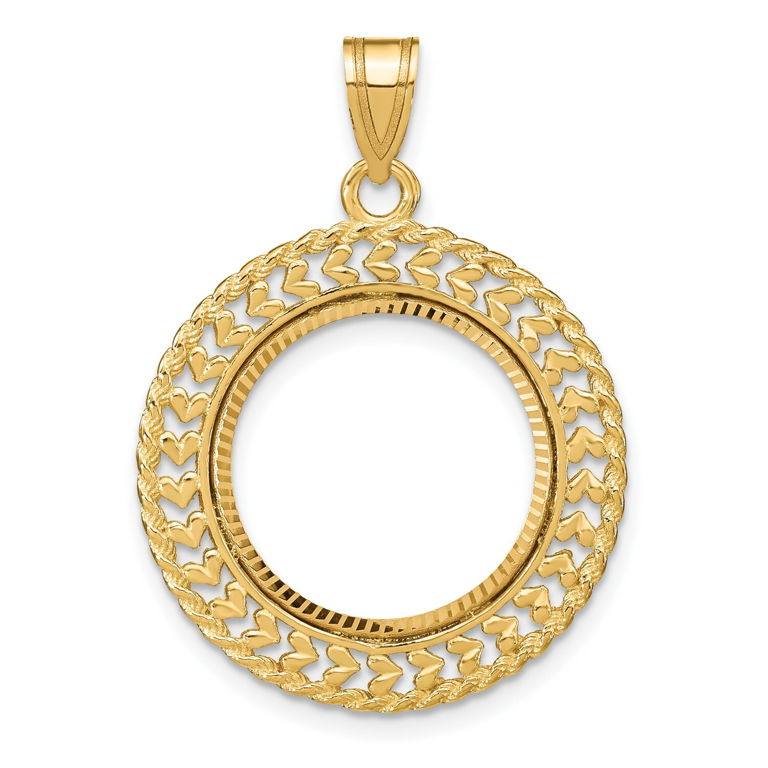 14k Yellow Gold Heart & Rope Frame Coin Bezel Prong Mounting – For Various Coins