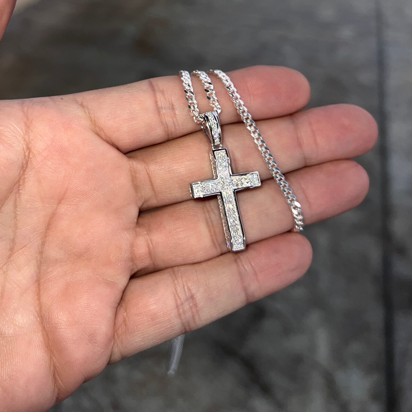 925 Sterling Silver VVS1 Moissanite 0.82CT Cross Miami Cuban Chain 3MM 16-30″