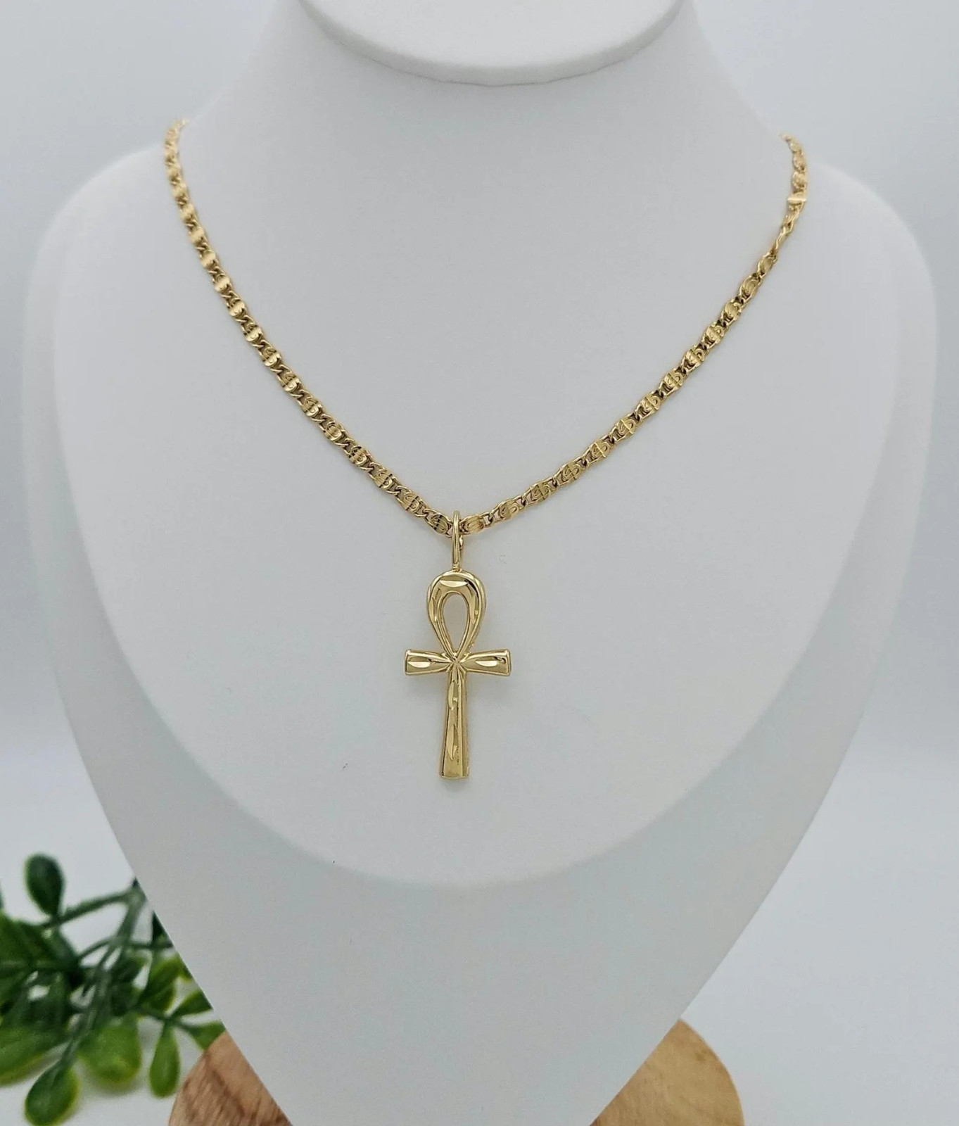 Gold Ankh Necklace, Diamond Cut Ankh Necklace, 14k Heavy Plated Gold, 3mm Chain