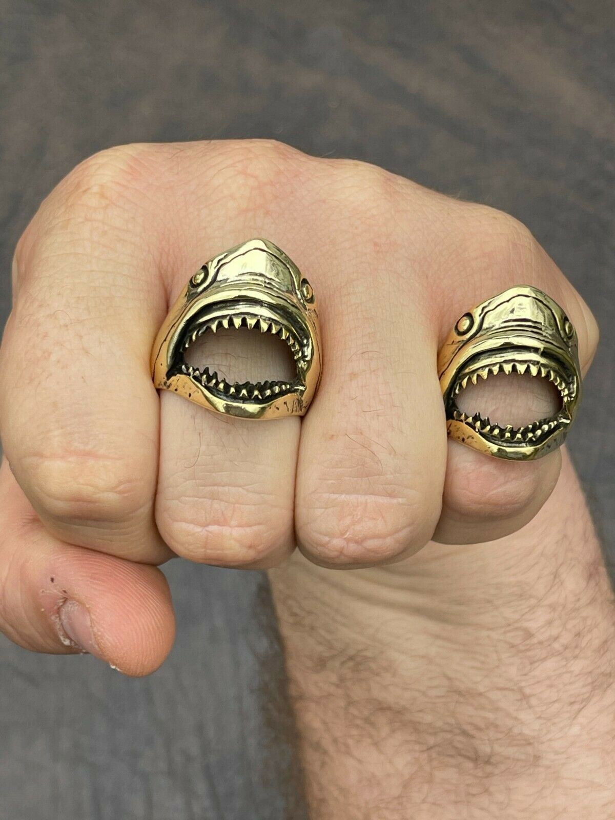 Real 14k Gold Plated 925 Sterling Silver Mens Great White Shark Teeth JAWS Ring