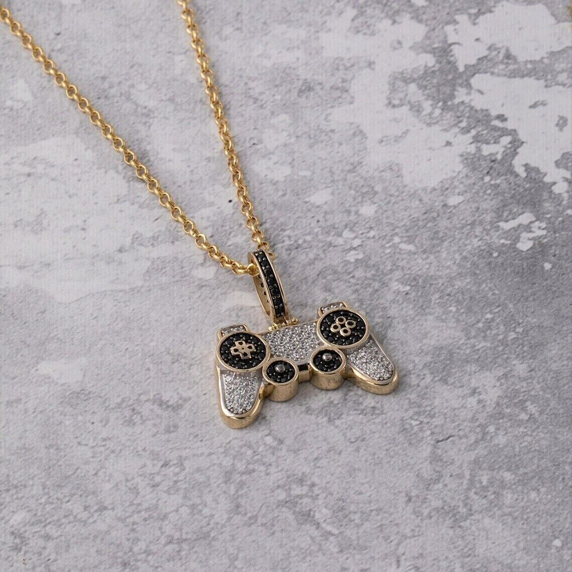 Round Simulated Diamond Stunning Gaming Remote Pendant In 14K Yellow Gold Plated
