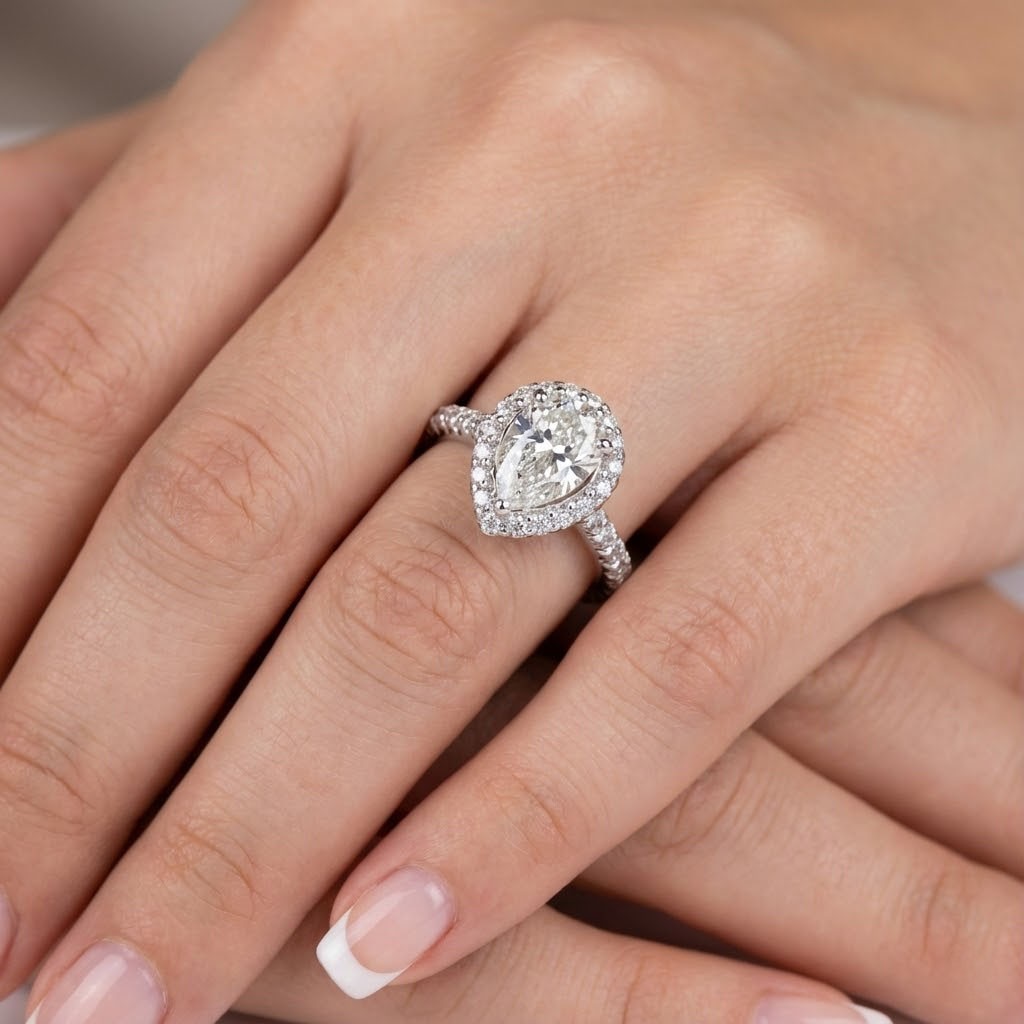 Side Stone Engagement Ring Platinum Halo 2.87 Carat Pear Lab-Grown Diamond G VS1